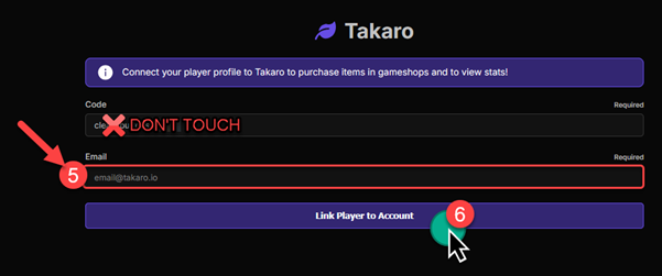 Takaro page showing email field and link player button