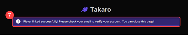 Takaro success message after linking player