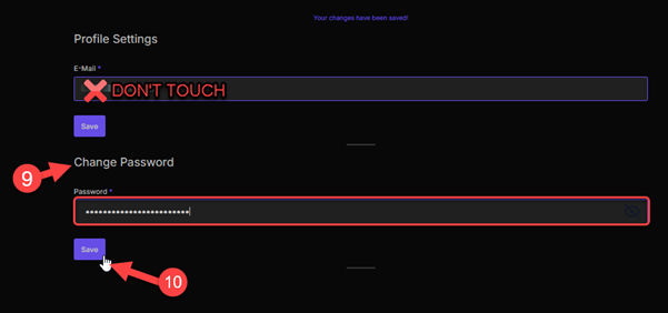 Takaro profile settings with password and save button