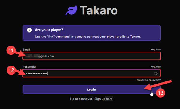 Takaro login page