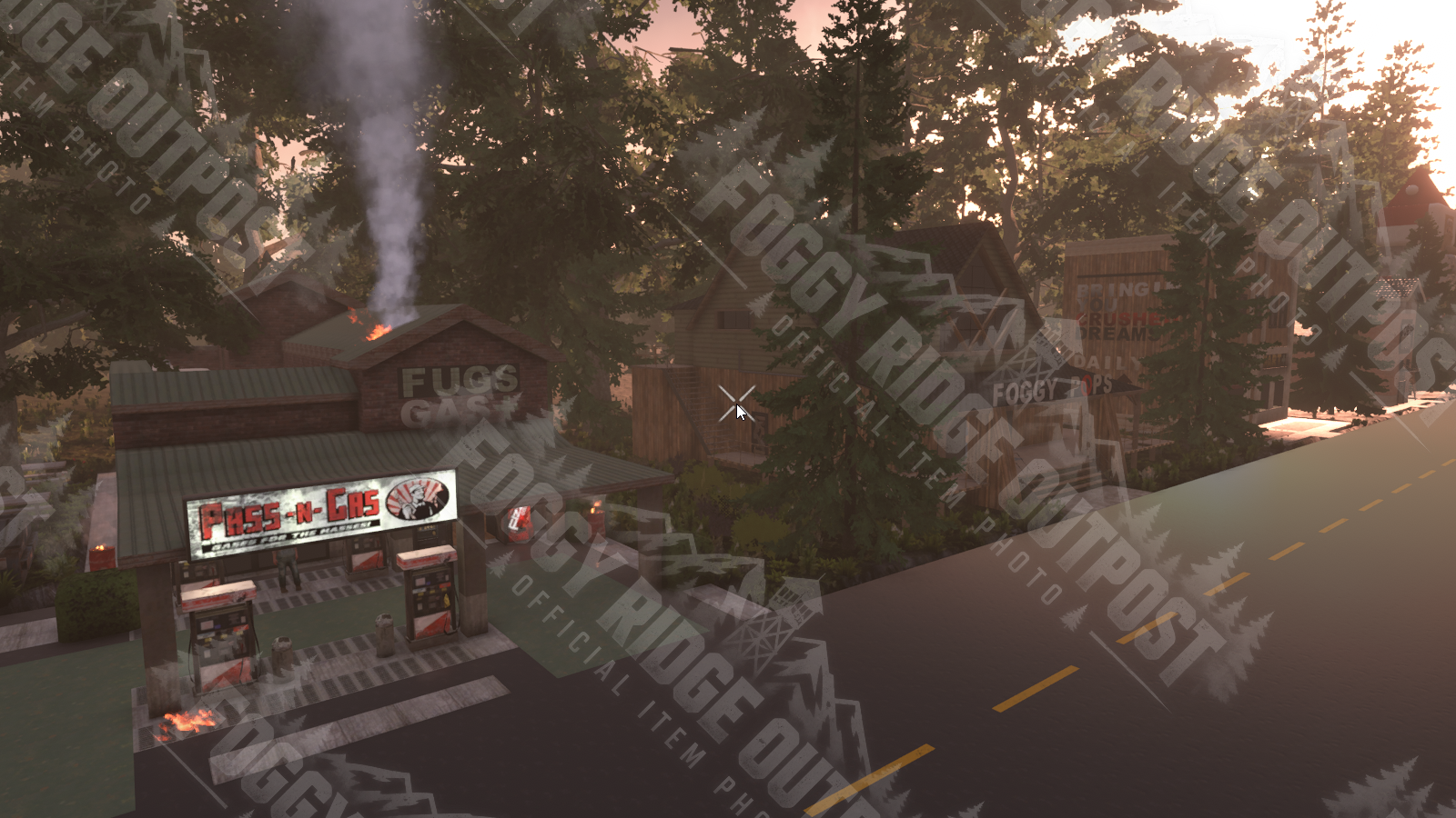 The Foggy Ridge strip mall—home of Fugs Gas and several custom shops your vanilla server wishes it had.