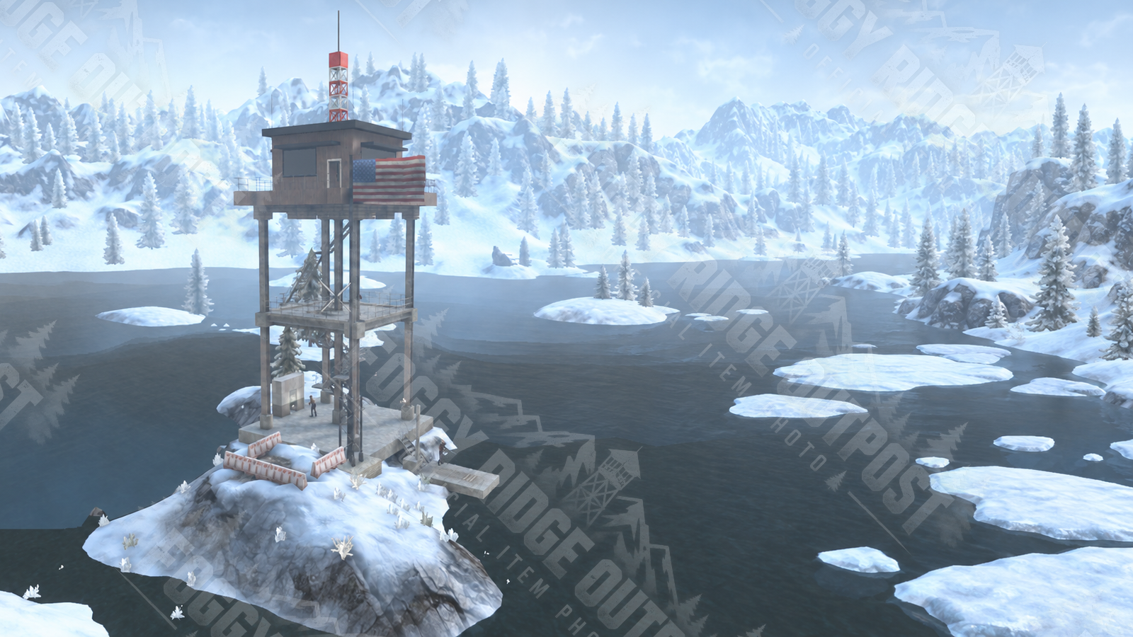 A player-built snow tower balanced on a tiny island because practical foundations are overrated.