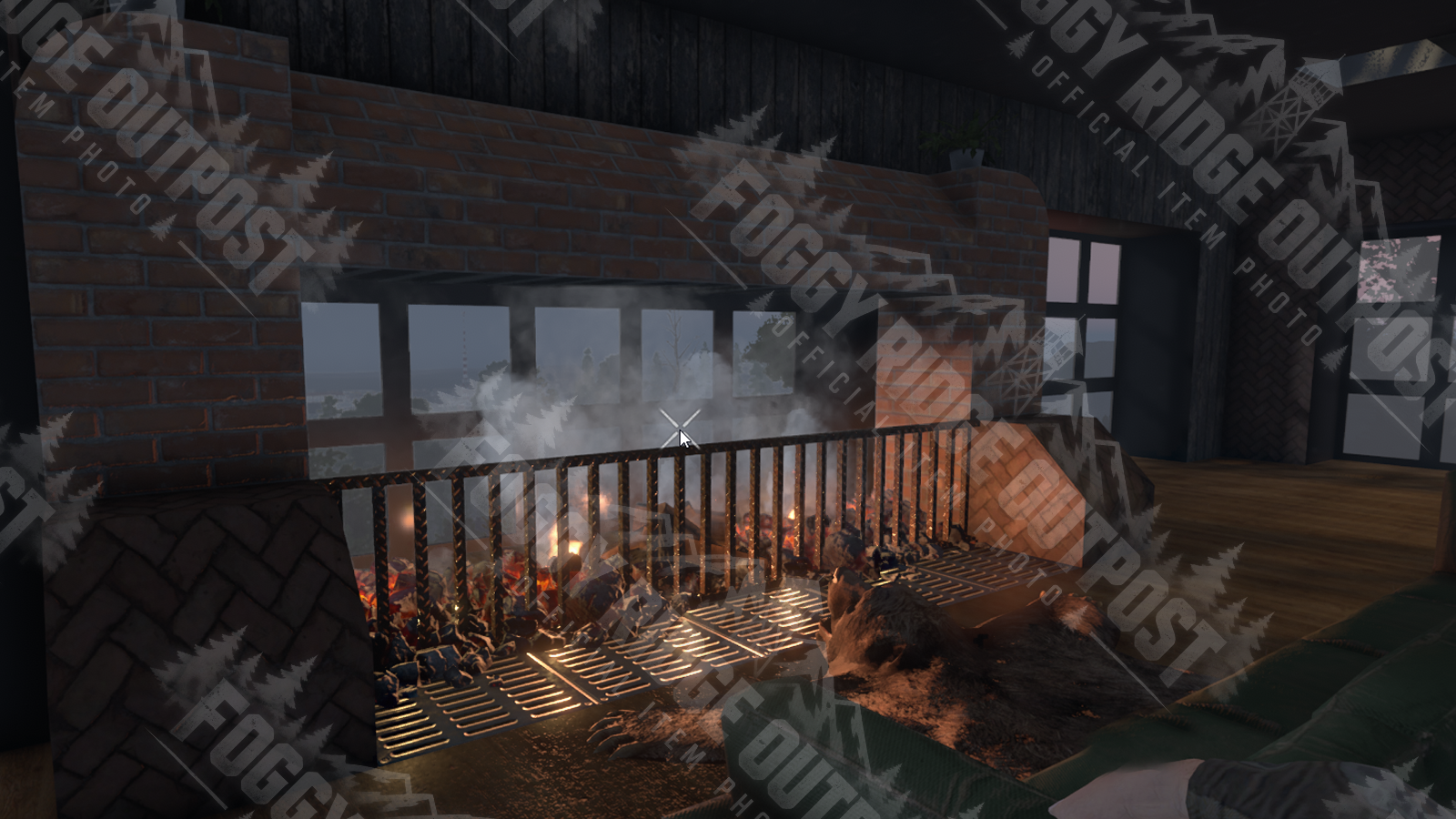 A warm fireplace, comfy couch, and one deeply judgmental bear rug complete this apocalypse-ready living room.
